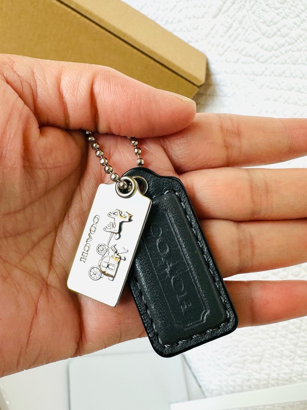 Coach Black Leather Fob with Silver Logo Tag Keychain